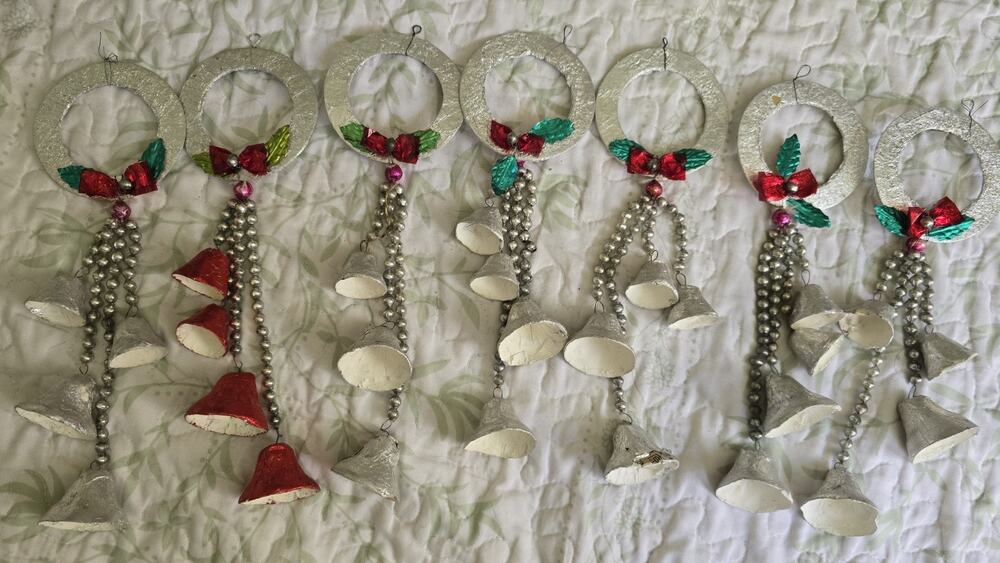 Vintage Christmas Lot x7 Foil Wreath Bell Glass Beads 10" Japan Ornaments